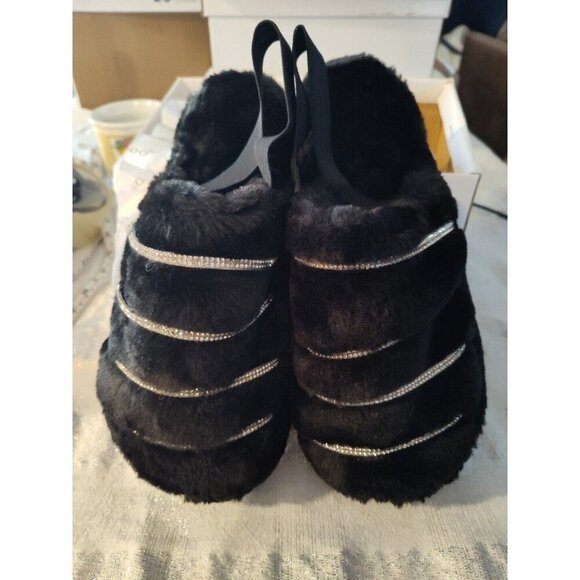 Bamboo Women's Black Fur Rhinestone Slingback Slippers Comfy Warmness Size 9‎ - Picture 4 of 8